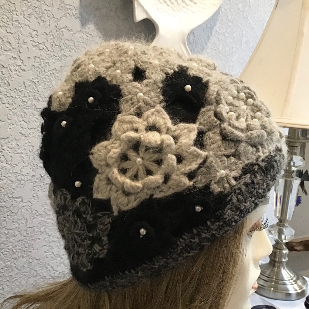 wool Blend Flower Crochet Toboggan